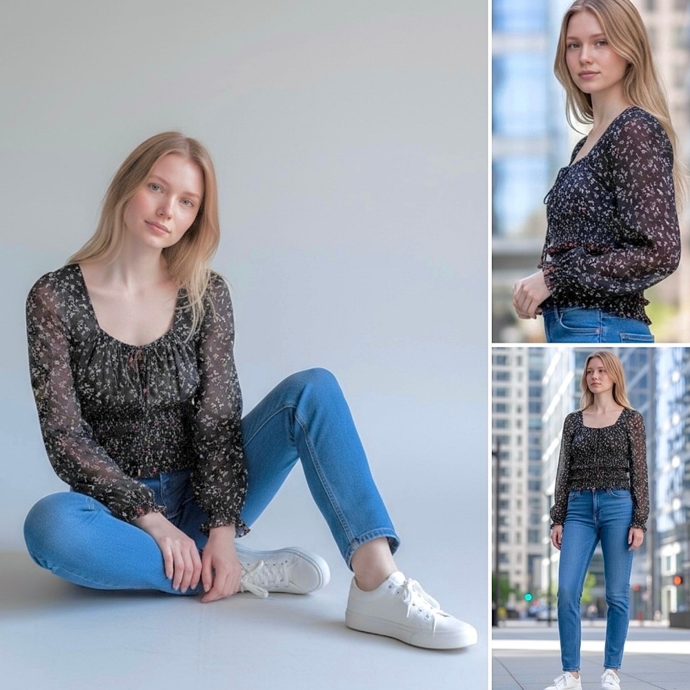 Free People Lolita Top Tiered Smocked Ruffle Raw Hem Drawstring Tie Long Sleeve - Picture 3 of 12